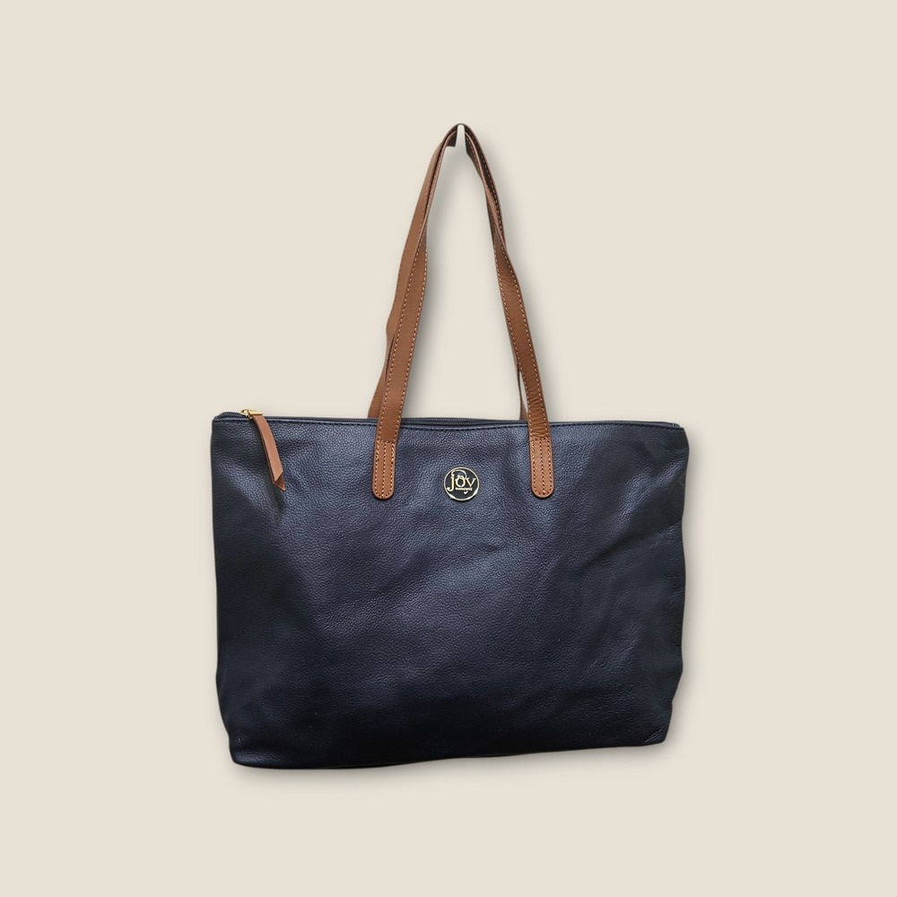 Joy Mangano Tote Bag Purse Handbag Leather Navy Tan Work Travel‎